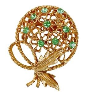 VTG Mid Century Gold Tone Leaf Floral Brooch Uranium Green Rhinestones 50s 60s